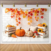 Lofaris Rustic Autumn Photography Backdrop with Fall Leaves Pumpkins and Sunflowers Cozy Studio Background for Seasonal Photoshoot