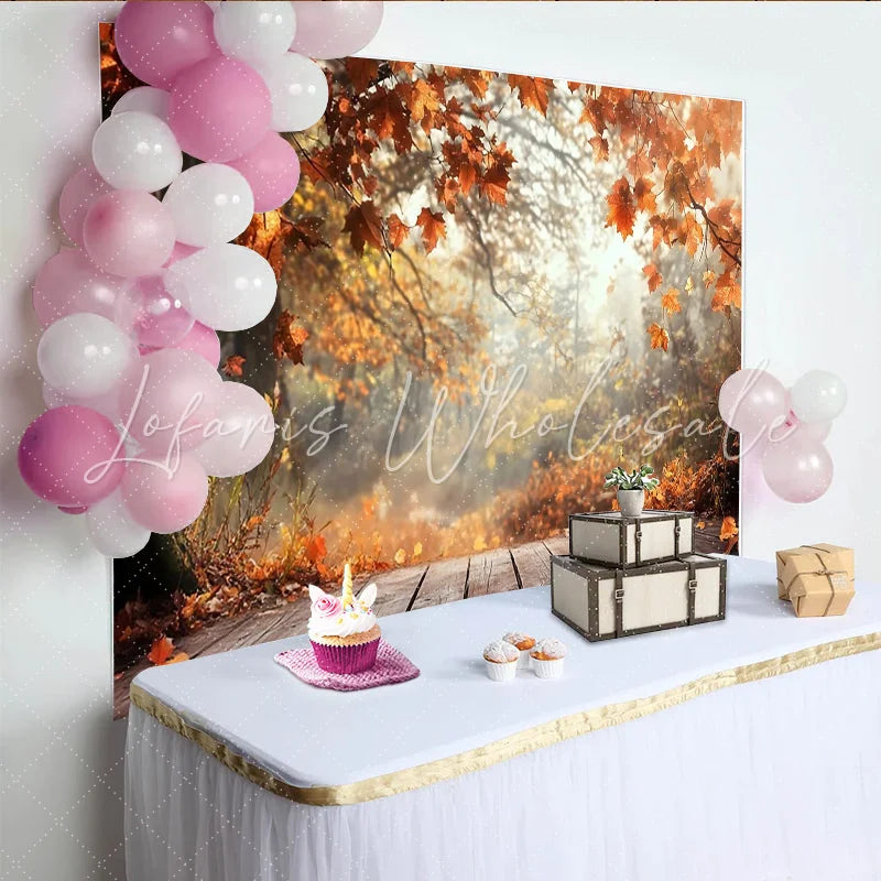 Lofaris Rustic Autumn Photography Backdrop with Falling Orange Leaves Misty Forest Background for Seasonal Photoshoot