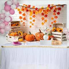 Lofaris Rustic Autumn Photography Backdrop with Maple Leaves and Pumpkins White Brick Wall Studio Background for Fall Photoshoot
