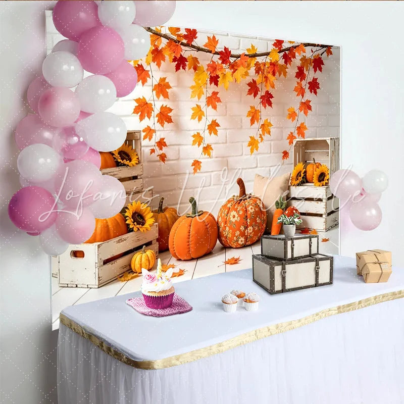 Lofaris Rustic Autumn Photography Backdrop with Maple Leaves and Pumpkins White Brick Wall Studio Background for Fall Photoshoot
