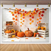 Lofaris Rustic Autumn Photography Backdrop with Maple Leaves and Pumpkins White Brick Wall Studio Background for Fall Photoshoot