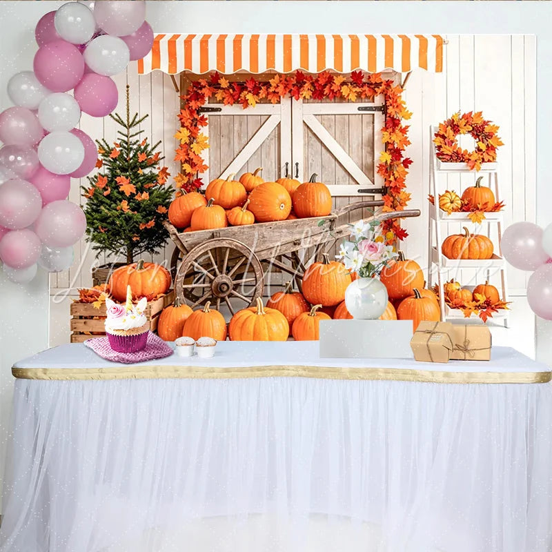 Lofaris Rustic Autumn Photography Backdrop with Orange Pumpkins Fall Leaves Charming Wooden Barn Door Background for Studio Portraits