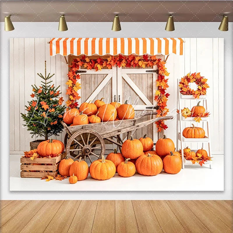 Lofaris Rustic Autumn Photography Backdrop with Orange Pumpkins Fall Leaves Charming Wooden Barn Door Background for Studio Portraits