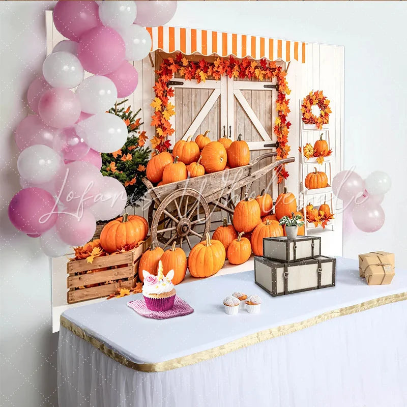 Lofaris Rustic Autumn Photography Backdrop with Orange Pumpkins Fall Leaves Charming Wooden Barn Door Background for Studio Portraits