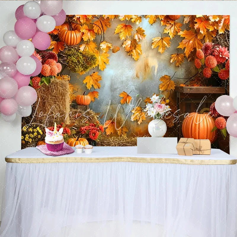Lofaris Rustic Autumn Photography Backdrop with Pumpkins and Fall Leaves Seasonal Photo Background for Studio or Party Decor