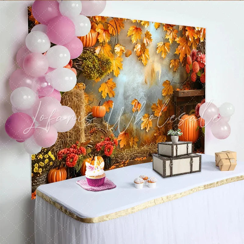 Lofaris Rustic Autumn Photography Backdrop with Pumpkins and Fall Leaves Seasonal Photo Background for Studio or Party Decor
