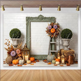 Lofaris Rustic Autumn Photography Backdrop with Pumpkins and Fall Leaves Vintage Frame and Lanterns Seasonal Photo for Studio