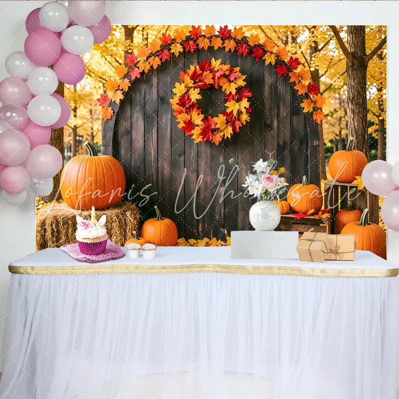 Lofaris Rustic Autumn Photography Backdrop with Pumpkins and Fall Leaves Wooden Barn Door Background for Studio Photoshoot