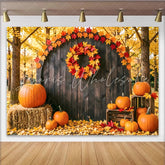 Lofaris Rustic Autumn Photography Backdrop with Pumpkins and Fall Leaves Wooden Barn Door Background for Studio Photoshoot