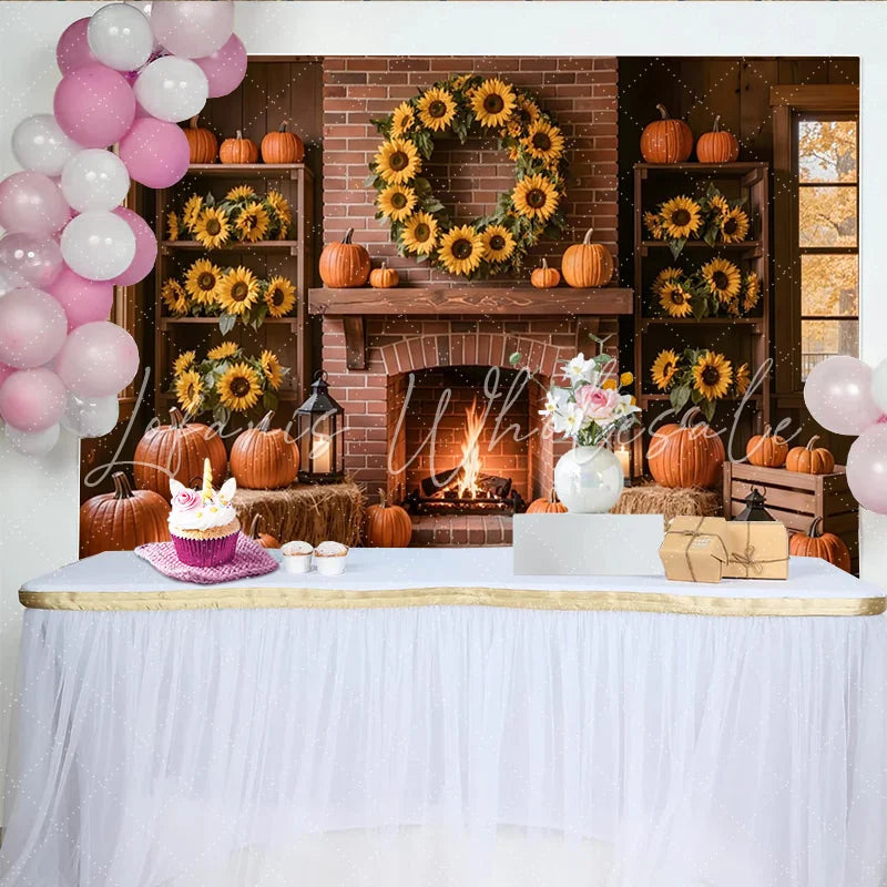 Lofaris Rustic Autumn Photography Backdrop with Pumpkins and Sunflowers Cozy Fireplace Background for Fall Harvest Photoshoot