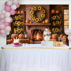 Lofaris Rustic Autumn Photography Backdrop with Pumpkins and Sunflowers Cozy Fireplace Background for Fall Harvest Photoshoot