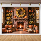 Lofaris Rustic Autumn Photography Backdrop with Pumpkins and Sunflowers Cozy Fireplace Background for Fall Harvest Photoshoot