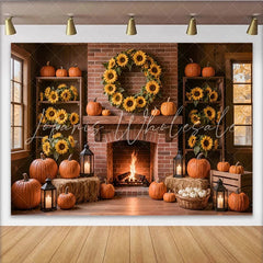Lofaris Rustic Autumn Photography Backdrop with Pumpkins and Sunflowers Cozy Fireplace Background for Fall Harvest Photoshoot