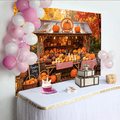 Lofaris Rustic Autumn Pumpkin Patch Backdrop with Fall Leaves and Shop Vibrant Harvest Background for Thanksgiving or Halloween Party