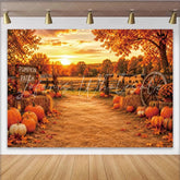 Lofaris Rustic Autumn Pumpkin Patch Backdrop with Sunset and Fall Leaves Scenic Farm Photography Background for Harvest Festival Decor