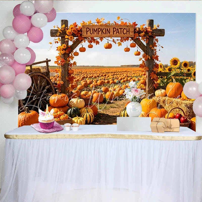 Lofaris Rustic Autumn Pumpkin Patch Backdrop with Wooden Arch and Sunflowers Vibrant Fall Harvest Background for Thanksgiving Party Decor