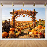 Lofaris Rustic Autumn Pumpkin Patch Backdrop with Wooden Arch and Sunflowers Vibrant Fall Harvest Background for Thanksgiving Party Decor