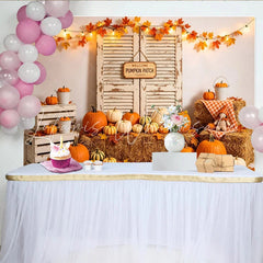 Lofaris Rustic Autumn Pumpkin Patch Holiday Backdrop with Hay Bales and Colorful Pumpkins Fall Harvest for Seasonal Decor