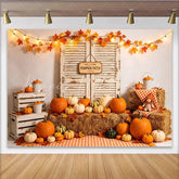 Lofaris Rustic Autumn Pumpkin Patch Holiday Backdrop with Hay Bales and Colorful Pumpkins Fall Harvest for Seasonal Decor