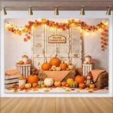 Lofaris Rustic Autumn Pumpkin Patch Photography Backdrop Distressed Wood Shutters Hay Bales and String Lights for Fall Decor