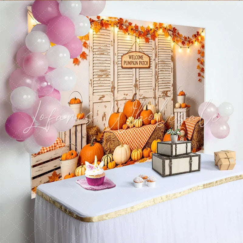 Lofaris Rustic Autumn Pumpkin Patch Photography Backdrop Distressed Wood Shutters Hay Bales and String Lights for Fall Decor