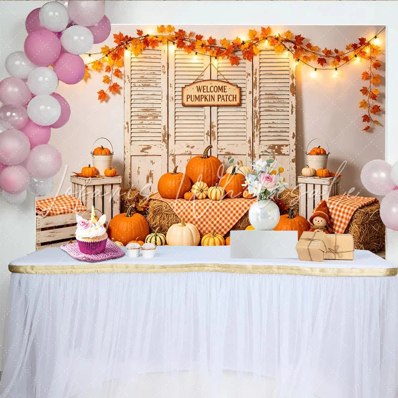 Lofaris Rustic Autumn Pumpkin Patch Photography Backdrop Distressed Wood Shutters Hay Bales and String Lights for Fall Decor