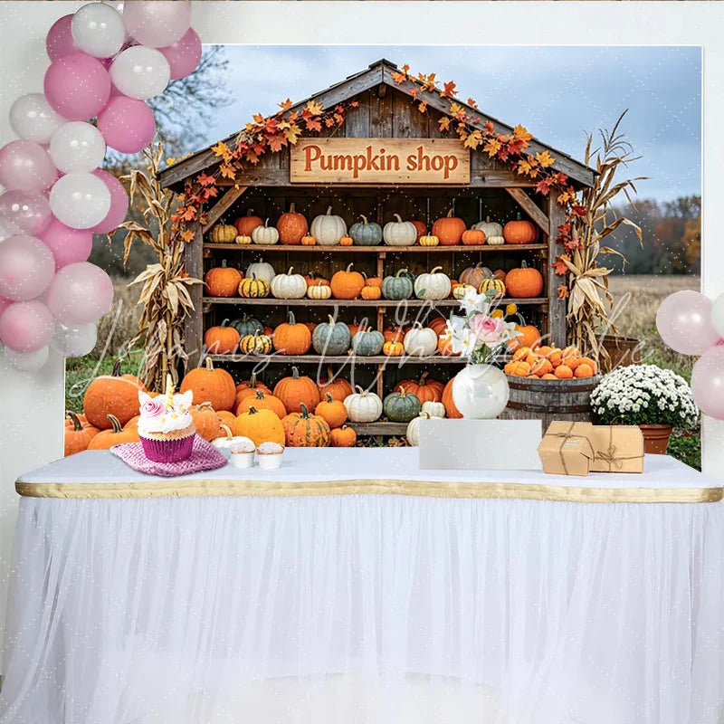 Lofaris Rustic Autumn Pumpkin Shop Photography Backdrop with Fall Leaves and Corn Seasonal Studio Background for Harvest Decor