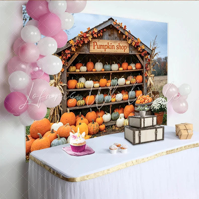 Lofaris Rustic Autumn Pumpkin Shop Photography Backdrop with Fall Leaves and Corn Seasonal Studio Background for Harvest Decor