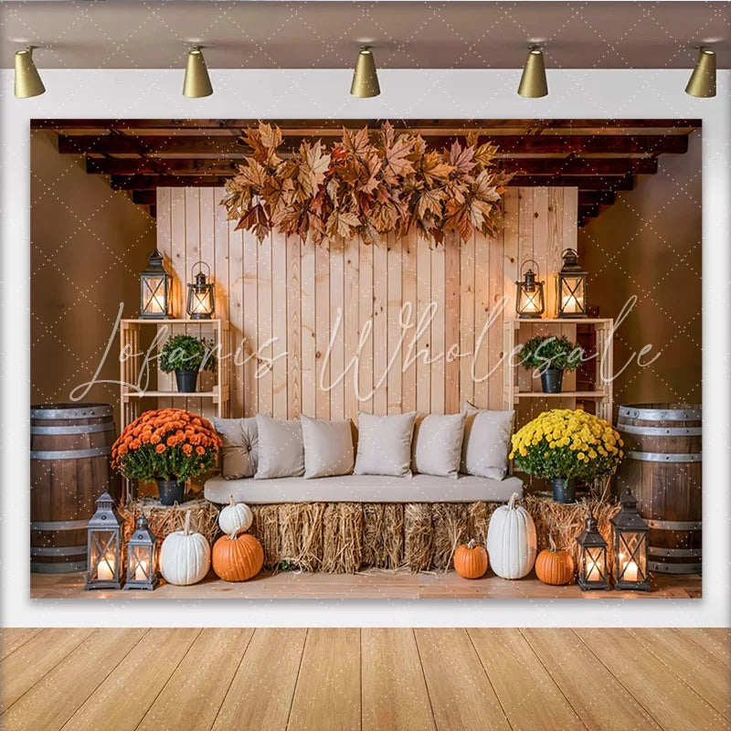 Lofaris Rustic Autumn Thanksgiving Backdrop with Pumpkins and Fall Leaves Cozy Wooden Harvest Photography Background