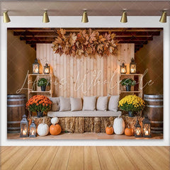 Lofaris Rustic Autumn Thanksgiving Backdrop with Pumpkins and Fall Leaves Cozy Wooden Harvest Photography Background