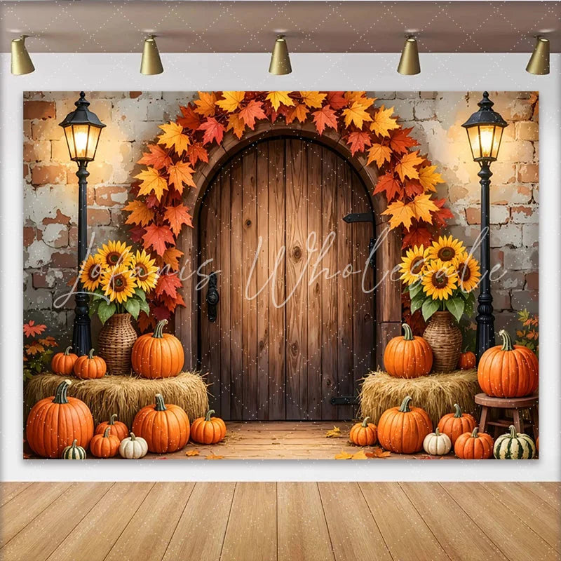 Lofaris Rustic Autumn Thanksgiving Backdrop with Pumpkins and Maple Leaves Wooden Door Fall Harvest Photography Background Decor