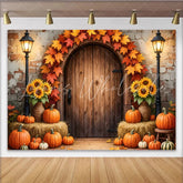 Lofaris Rustic Autumn Thanksgiving Backdrop with Pumpkins and Maple Leaves Wooden Door Fall Harvest Photography Background Decor