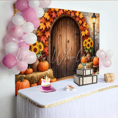 Lofaris Rustic Autumn Thanksgiving Backdrop with Pumpkins and Maple Leaves Wooden Door Fall Harvest Photography Background Decor