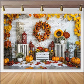 Lofaris Rustic Autumn Thanksgiving Backdrop with Pumpkins and Sunflowers White Brick Wall Photography Background for Harvest Decor