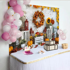 Lofaris Rustic Autumn Thanksgiving Backdrop with Pumpkins and Sunflowers White Brick Wall Photography Background for Harvest Decor