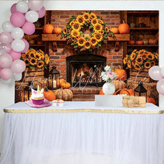 Lofaris Rustic Autumn Thanksgiving Backdrop with Sunflower Wreath and Pumpkins Cozy Fireplace Scene Background for Fall Harvest Party Decor