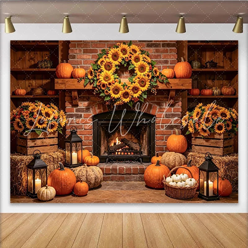 Lofaris Rustic Autumn Thanksgiving Backdrop with Sunflower Wreath and Pumpkins Cozy Fireplace Scene Background for Fall Harvest Party Decor