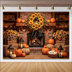 Lofaris Rustic Autumn Thanksgiving Backdrop with Sunflower Wreath and Pumpkins Cozy Fireplace Scene Background for Fall Harvest Party Decor
