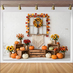 Lofaris Rustic Autumn Thanksgiving Backdrop with White Brick Wall Pumpkins and Sunflower Wreath Cozy Fall Harvest Photography Background