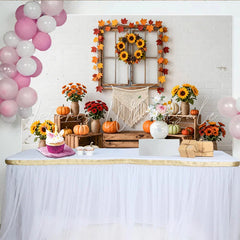 Lofaris Rustic Autumn Thanksgiving Backdrop with White Brick Wall Pumpkins and Sunflower Wreath Cozy Fall Harvest Photography Background