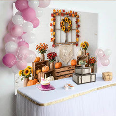 Lofaris Rustic Autumn Thanksgiving Backdrop with White Brick Wall Pumpkins and Sunflower Wreath Cozy Fall Harvest Photography Background