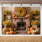 Lofaris Rustic Autumn Thanksgiving Holiday Backdrop with Sunflowers Pumpkins and Fireplace Cozy Fall Harvest Photo Background for Event
