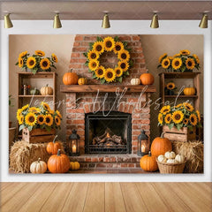 Lofaris Rustic Autumn Thanksgiving Holiday Backdrop with Sunflowers Pumpkins and Fireplace Cozy Fall Harvest Photo Background for Event