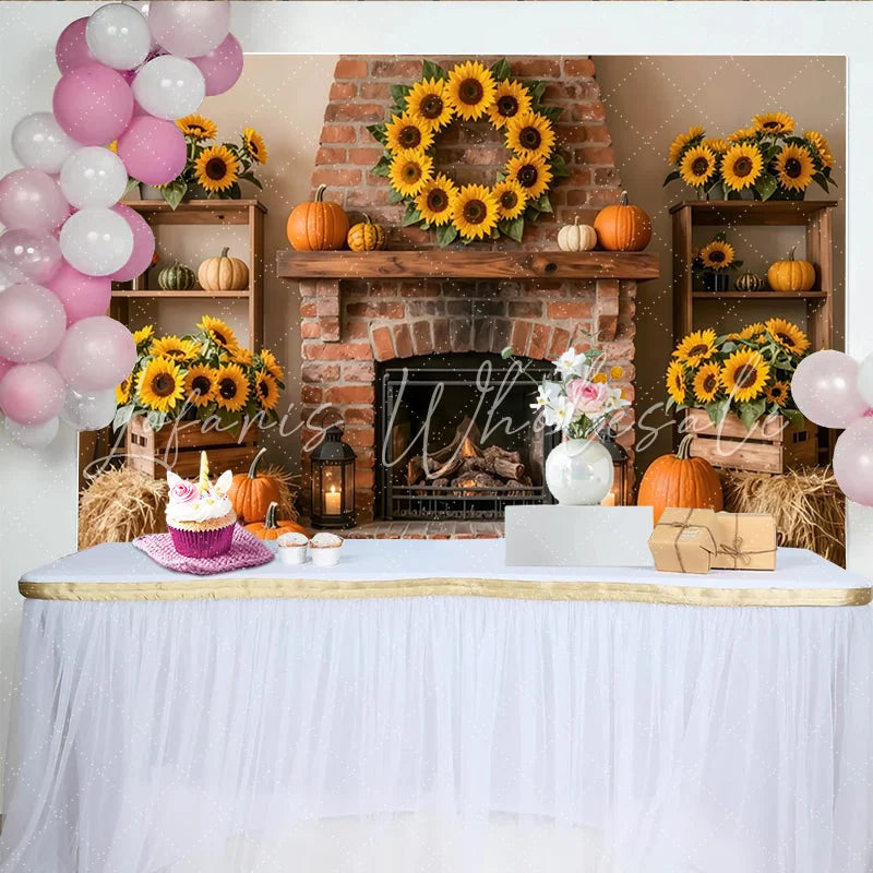 Lofaris Rustic Autumn Thanksgiving Holiday Backdrop with Sunflowers Pumpkins and Fireplace Cozy Fall Harvest Photo Background for Event