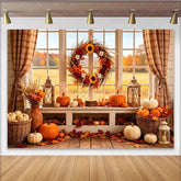 Lofaris Rustic Autumn Window Holiday Backdrop with Pumpkins and Fall Leaves Cozy Harvest Season Background for Photography and Party Decor