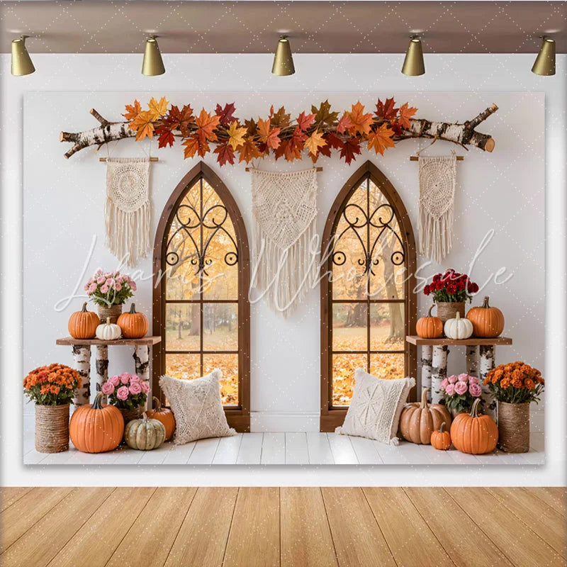 Lofaris Rustic Autumn Window Photography Backdrop with Fall Leaves and Pumpkins Cozy Farmhouse Style Background for Seasonal Photoshoots