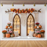 Lofaris Rustic Autumn Window Photography Backdrop with Fall Leaves and Pumpkins Cozy Farmhouse Style Background for Seasonal Photoshoots