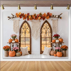 Lofaris Rustic Autumn Window Photography Backdrop with Fall Leaves and Pumpkins Cozy Farmhouse Style Background for Seasonal Photoshoots