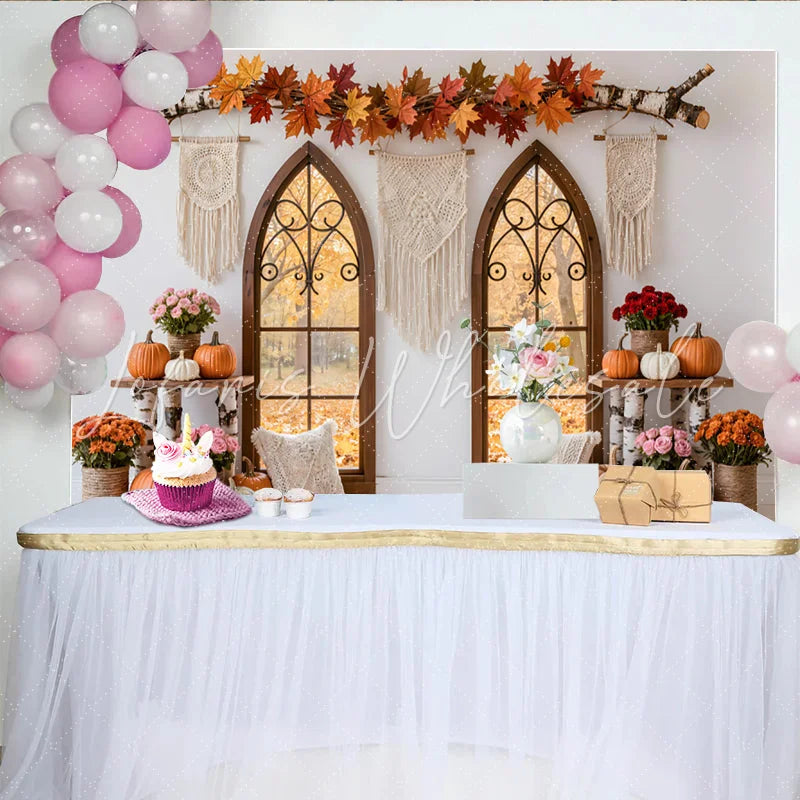 Lofaris Rustic Autumn Window Photography Backdrop with Fall Leaves and Pumpkins Cozy Farmhouse Style Background for Seasonal Photoshoots