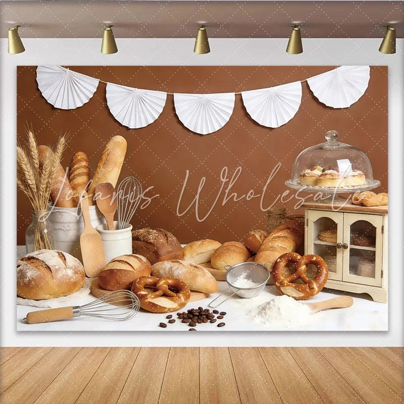 Lofaris Rustic Bakery Photography Backdrop with Fresh Bread Wheat and Utensils Brown Background for Studio Food Photoshoot